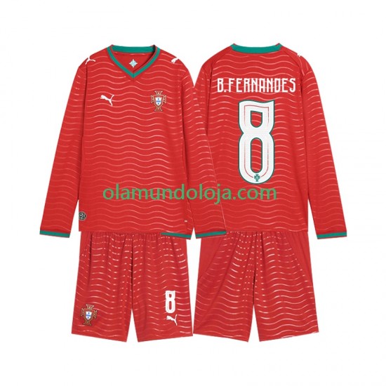 Camisola Portugal Bruno Fernandes 8 Criança Equipamento Primeiro Copa do Mundo 2026 Manga Comprida